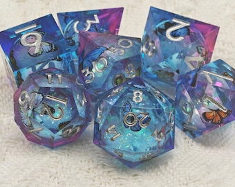 Flutterdream Liquid Core Dice Set | Blue-Purple Butterfly Liquid Core Sharp Edge DnD Dice | Handcrafted Resin Polyhedral Dice for DDRPG