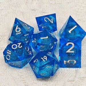 Blue Liquid Core Dice for Role Playing Games, Sharp Edge Resin Dice for Dungeons and Dragons, D+D Dice Set, Christmas Gifts