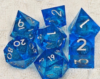 Blue Liquid Core Dice for Role Playing Games, Sharp Edge Resin Dice for Dungeons and Dragons, D+D Dice Set, Christmas Gifts