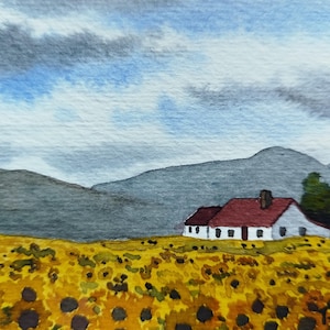 ORIGINAL WATERCOLOR - Landscape with sunflowers.