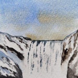 ACQUERELLO ORIGINALE - Inverno alla cascata di Skogafoss, Islanda