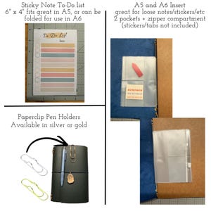 May include: A collection of stationery items, including a sticky note to-do list (6" x 4"), A5 and A6 inserts with pockets, and paperclip pen holders. The to-do list features pastel-colored sections. The inserts have clear pockets. Paperclips are available in silver or gold.