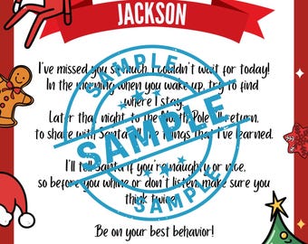 May include: A white rectangular Christmas letter with a red border featuring a cartoon elf, a gingerbread man, a Christmas tree, and gifts. The text reads I'M BACK! JACKSON, followed by a poem about behavior, signed Love, Jingles, with a blue SAMPLE stamp.