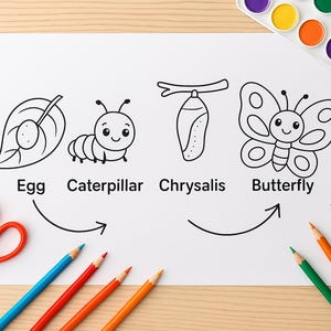 May include: A white sheet of paper with a black line drawing of a butterfly life cycle, labeled "Egg", "Caterpillar", "Chrysalis", and "Butterfly". Colored pencils, scissors, and a watercolor palette surround the drawing.