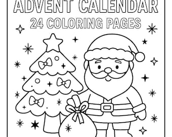 May include: Black and white line art of a Christmas advent calendar with the text "ADVENT CALENDAR 24 COLORING PAGES". The image features a Christmas tree, Santa Claus, and a gift bag.