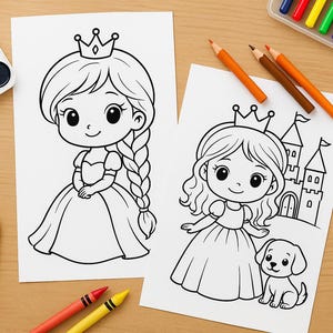 May include: Two princess coloring pages with crowns and dresses are displayed on a wooden surface, alongside crayons, colored pencils, and a watercolor paint set. One princess has a puppy and a castle.