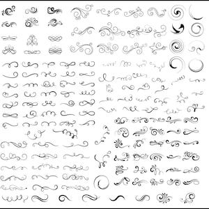 May include: A collection of 100 black and white decorative swirls, flourishes, and borders. These intricate designs can be used for calligraphy, lettering, and other creative projects.