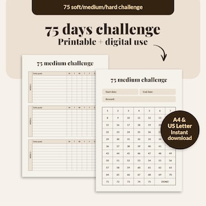 Op de afbeelding: Twee afdrukbare 75-daagse uitdagingssjablonen. Eén is een dagelijkse doeltracker en de andere is een kalender met genummerde vakjes. De tekst luidt "75 days challenge Printable + digital use" en "75 medium challenge". A4 & US Letter direct downloaden.