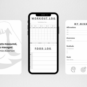 Peut inclure: Un modèle de planificateur d'entraînement numérique affiché sur un smartphone, avec des sections pour les journaux d'entraînement et alimentaires. Le design comprend le texte "Workout Planner Template" et "Template / PLR / MRR".