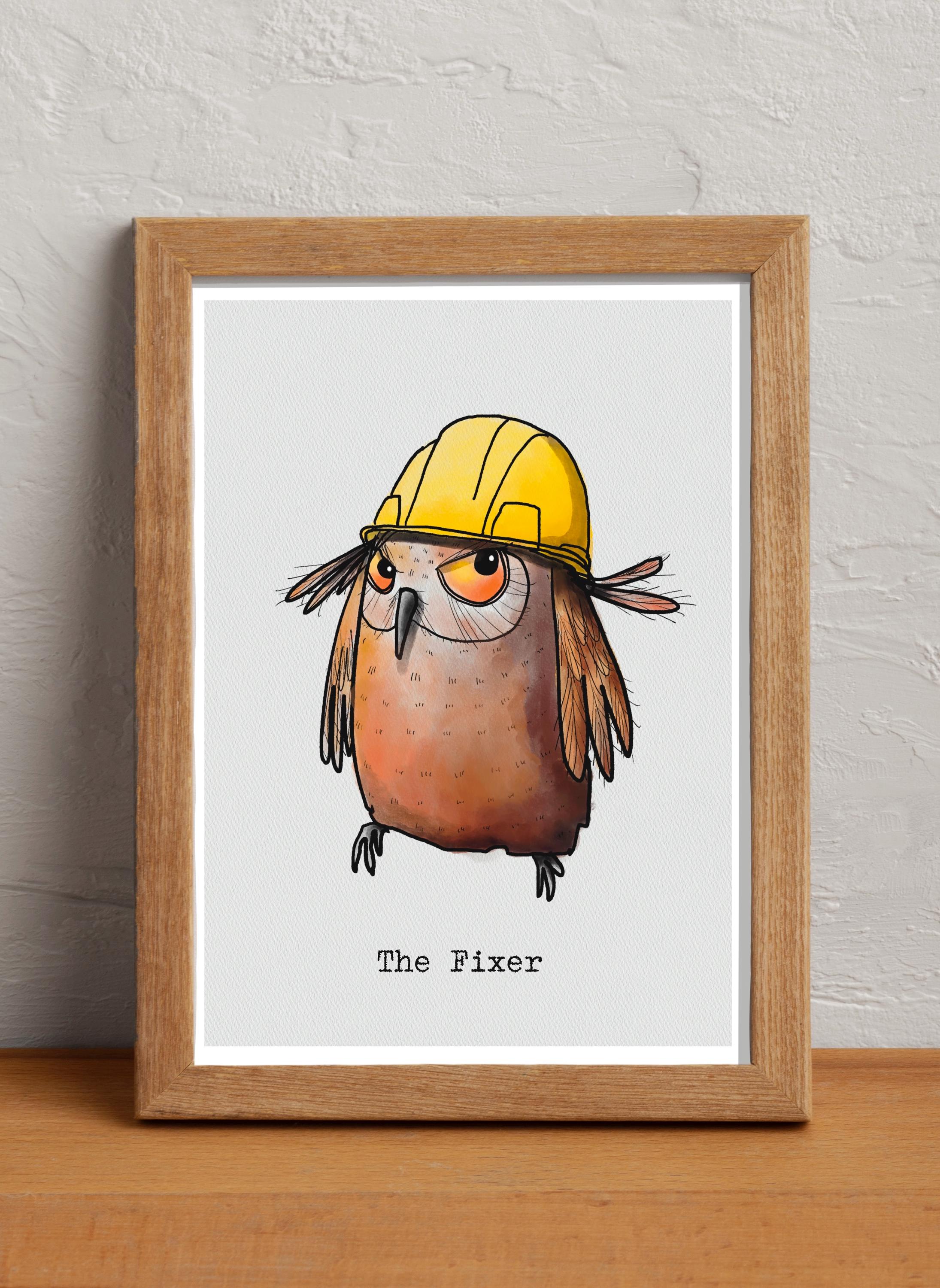The Fixer, owl in hard hat art print A5/A4/A3. The ideal gift for a ‘Fix-it Frank’ or a 