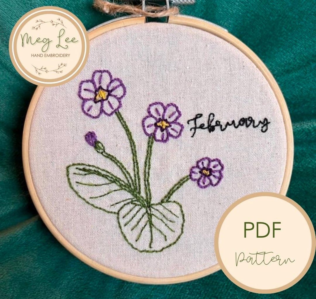 Pattern & Stitch Guide for February Birth Flower Hand Embroidery Design ...