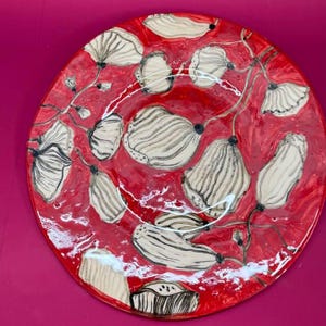 Floral Ceramic Plate, Large Round Ceramic Plate, Artisan Ceramic Plate, Painted C Fruits Plate, Serving Plates, Housewarming Gift for Her