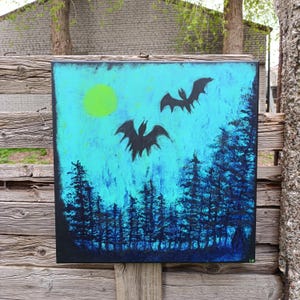 Dark surreal fairytale acrylic painting abstract art on canvas blue turquoise bat forest landscape