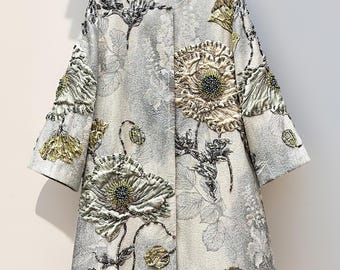 Hand-Embroidered Floral Jacquard Coat: 3D Beaded Jacket
