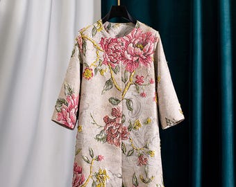 Hand-Embroidered Floral Jacquard Coat: 3D Beaded Jacket