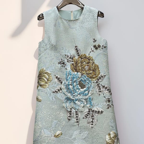 Hand-Embroidered Floral Jacquard Dress: Beaded 3D Flowers Dress