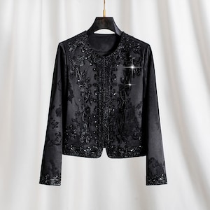 Hand-Embroidered Black Satin Jacket: 3D Beaded Jacket