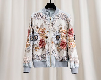 Hand-Embroidered Floral Jacquard Coat: 3D Beaded Jacket
