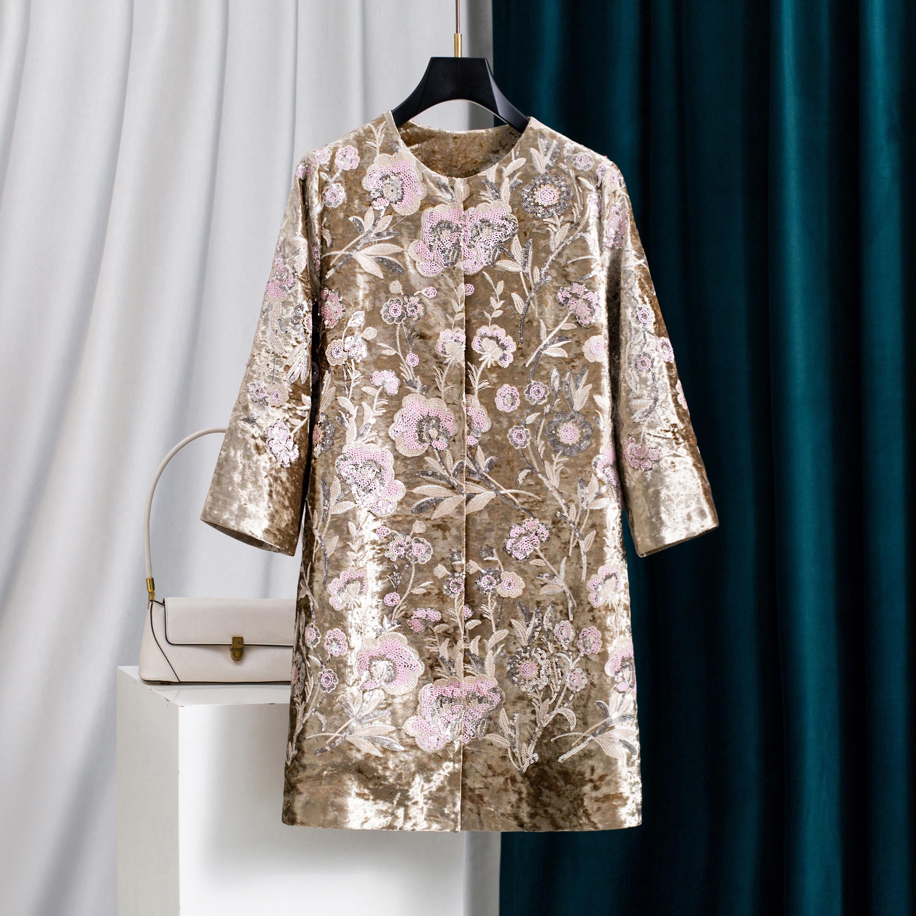 Hand-Embroidered Floral Jacquard Coat: 3D Beaded Jacket