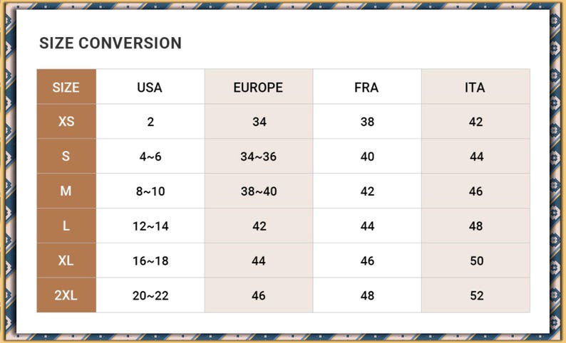 Op de afbeelding: Een maattabel met een gouden rand. De tabel vergelijkt maten uit de VS, Europa, Frankrijk en Itali&euml;. Maten vari&euml;ren van XS tot 2XL, met bijbehorende numerieke waarden voor elke regio. De tekst "SIZE CONVERSION" staat bovenaan.
