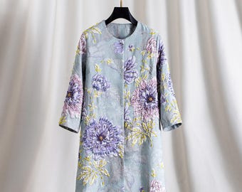 Hand-Embroidered Floral Jacquard Coat: Beaded 3D Flowers