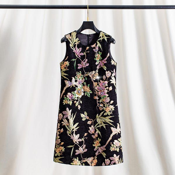 Hand-Embroidered Floral Jacquard Dress: Beaded 3D Flowers Dress