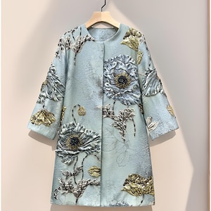 Hand-Embroidered Floral Jacquard Coat: Beaded 3D Flowers