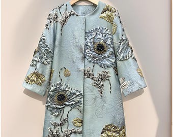 Hand-Embroidered Floral Jacquard Coat: Beaded 3D Flowers