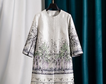 Hand-Embroidered Floral Jacquard Coat: Beaded 3D Flowers
