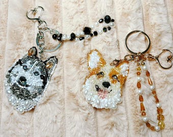 Personalized Beaded Dog Portrait Keychain, Handmade Pet Memorial Charm
