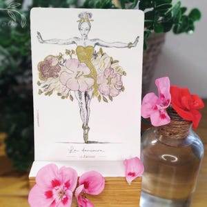 Biglietto illustrato con feltro fine e Tataki Zomé / Biglietto ballerino / Biglietto fiore / Biglietto ballerino fiore / Biglietto con stampa pianta