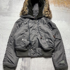 DIESEL N2B STYLE Vintage Cropped Hooded Faux Fur Bomber Jacket