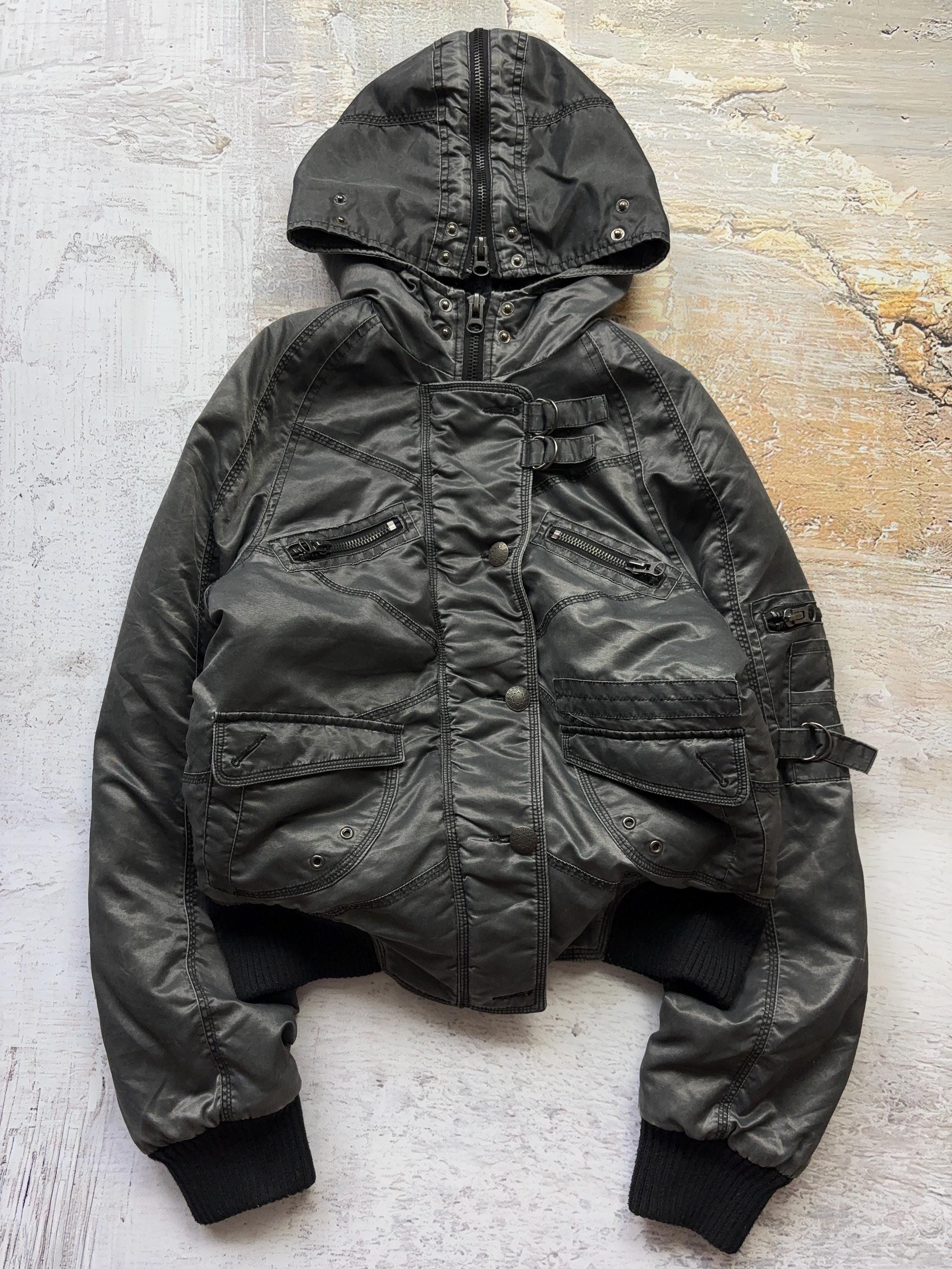 Vintage Archived Y2K Cropped Bomber Jacket – Shiny Nylon Hooded 