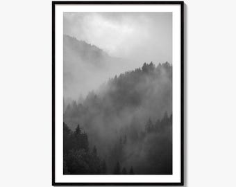 Misty Mountain Black and White Fine Art Photo Print, Foggy Forest Wall Decor