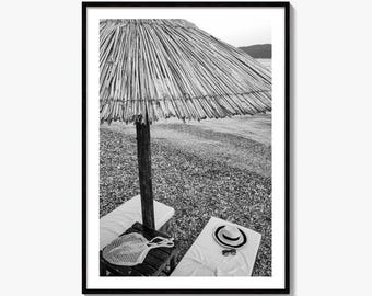 Beach Umbrella Black and White Fine Art Photo Print, Coastal Wall Decor, Pebble Shore
