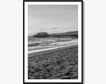 Czarno-biały wydruk artystyczny „Molo w Santa Monica”, plakat w Los Angeles, Kalifornia