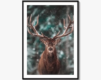 Red Deer Fine Art Photo Print, Winter Snow Forest Stag Wall Decor
