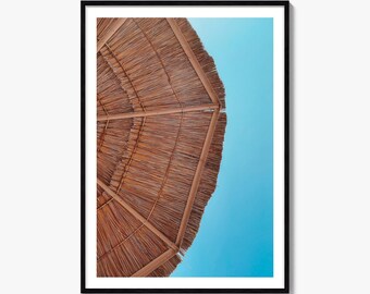 Beach Umbrella Fine Art Photo Print, Straw Parasol Poster, Blue Gradient Sky Wall Decor
