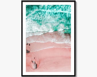 Pink Beach Fine Art-fotoprint, luchtfoto oceaangolven kust, muurdecoratie kust
