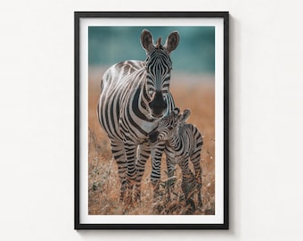 Kunstzinnige fotoprint van een prairiezebra met veulen, Serengeti, Tanzania, wanddecoratie