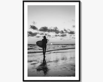Surfer Silhouette Black and White Fine Art Photo Print, Surfing Wall Decor, Ocean