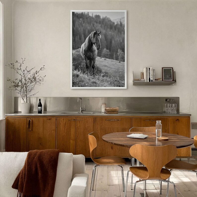 Horse Black and White Fine Art Photo Print, Carpathian Mountains, Fog, Equine Wall Decor image 13