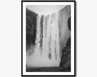 Skogafoss Waterfall Black and White Fine Art Photo Print, Iceland Landscape
