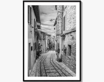 Old Town Italy Black and White Fine Art Photo Print, Spello Historic Center Lane