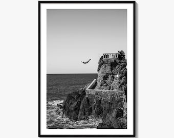 Cliff Diving Mazatlan Black and White Fine Art Photo Print, Mexico Wall Decor