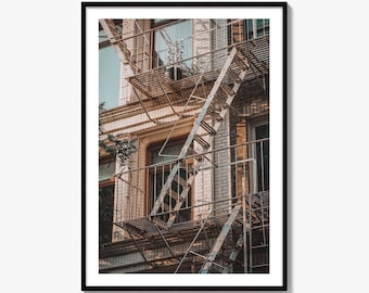 Impresión fotográfica artística de la escalera de incendios de la ciudad de Nueva York, decoración de pared con arquitectura del SoHo de Manhattan