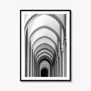 Architecturale bogen zwart-wit fine-art fotoprint, muurdecoratie oude boog, gang