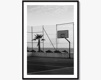 Basketball Court Black and White Fine Art Photo Print, Seaside Wall Decor, Palm Trees