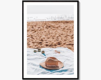 Beach Straw Hat Fine Art Photo Print, Wall Decor, Tropical, Sunglasses, Towel, Sunshine, Palm