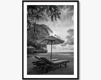 Beach Umbrella Black and White Fine Art Photo Print, Coastal Wall Decor, Tropical Landscape